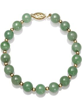 Natural Green Jade Bead Bracelet with 14K Yellow Gold Accents - Elegant Jewelry